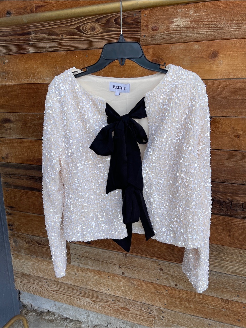 Women's Ivory Sequin Sweater with Two Black Bows
